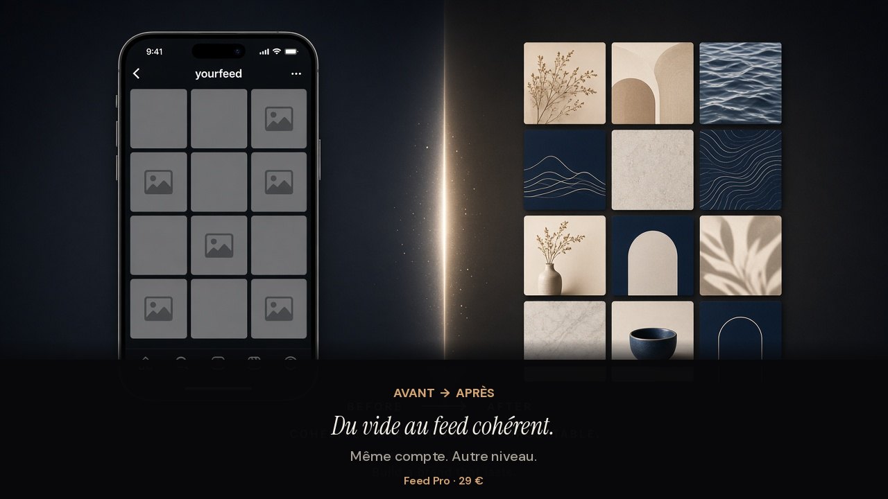 Avant : feed vide — Après : grille Instagram cohérente Feed Pro