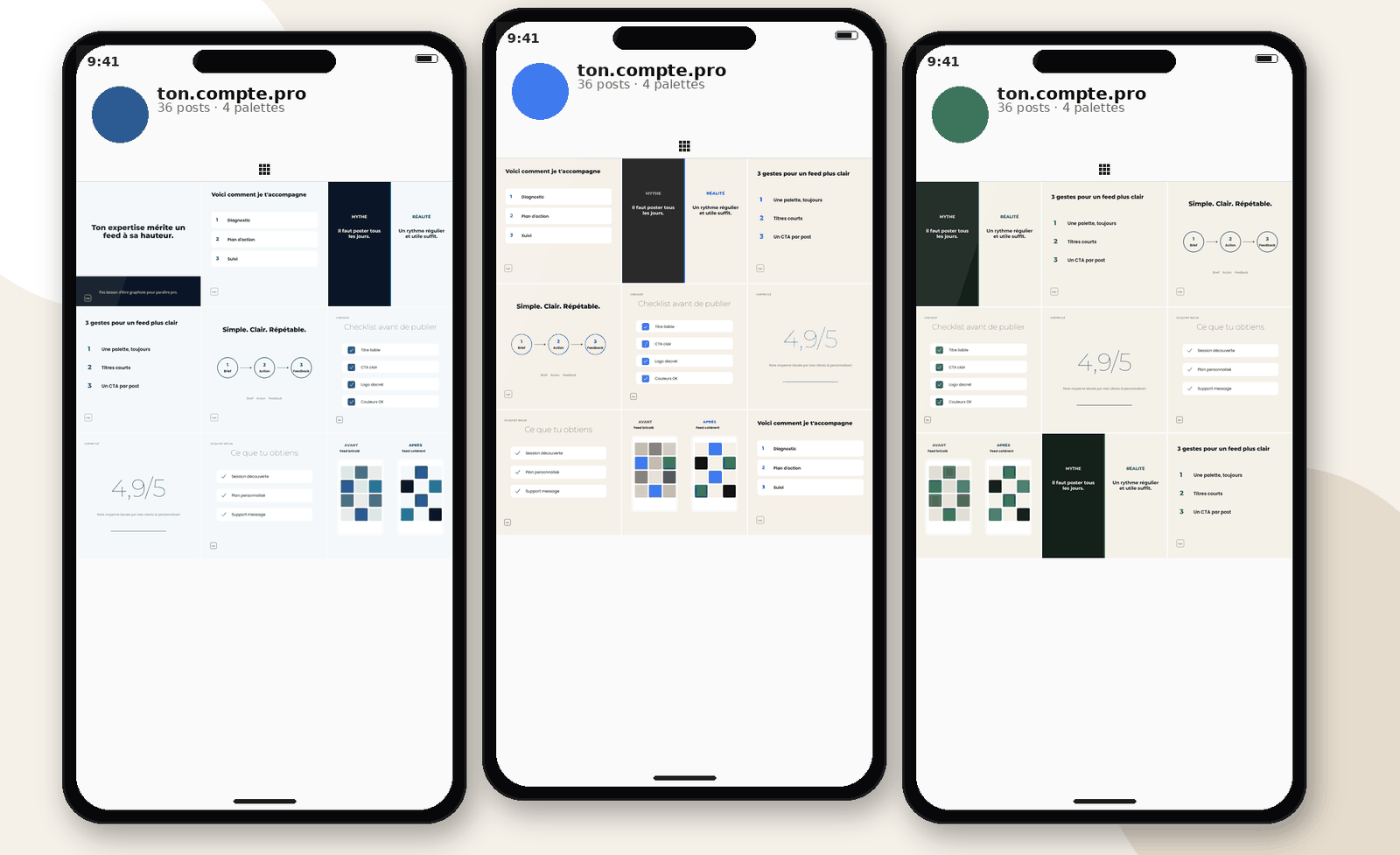 Trois iPhones — Ocean, Noir & Crème, Forest